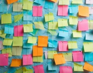 A wall covered in colorful sticky notes with a blue background