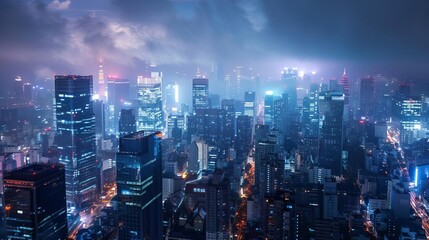 Fototapeta premium Nighttime cityscape conveying modern business operations