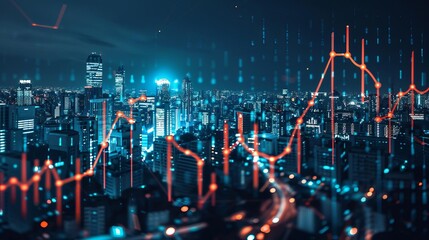 Nighttime view of a cityscape with digital growth graph overlay