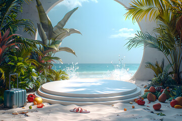Obraz premium Empty stylish beach podium 3D mockup background for beauty product presentation concept. Summer copy space platform surrounded by palm leaves . Cosmetics, perfume or home goods sales advertising stand
