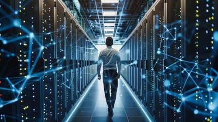 Technician in a data center with a background of server racks, symbolizing network management