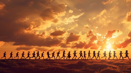 Joggers running on a road with runner silhouettes at sunset, Ai Generated