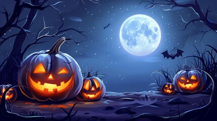 Fototapeta premium Spooky Halloween pumpkins at night, with jack o' lanterns glowing in the moonlight, Ai Generated