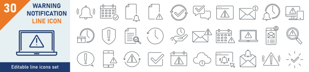 Warning icons Pixel perfect. Warning business icon set. Set of 30 outline icons related to warning, alarm, nothification, time. Linear icon collection. Editable stroke. Vector illustration.