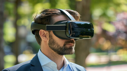 Entrepreneur strategizes business plans, driving growth and success with ambition and vision with virtual reality sunglass