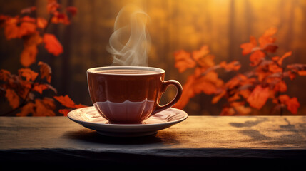 cup of coffee on the table with autumn background