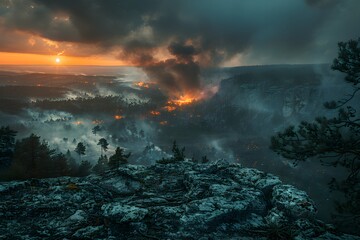 Waves crashing on the stone coast at sunset time