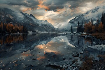 Naklejka premium Snowy alpine lake landscape with fog and wide mountain ranges
