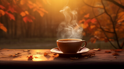 cup of coffee on the table with autumn background