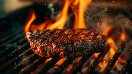 Juicy steak on a grill with flames and smoke.