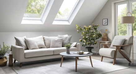 A simple living room with sofa, armchair and coffee table on the right side of the picture. The walls have light gray color and there is an angle roof window above it