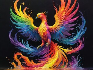 rainbow phoenix soaring majestically from flames reborn in vibrant colors against a dark hellish backdrop