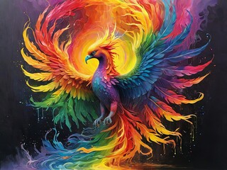 Obraz premium rainbow phoenix soaring majestically from flames reborn in vibrant colors against a dark hellish backdrop