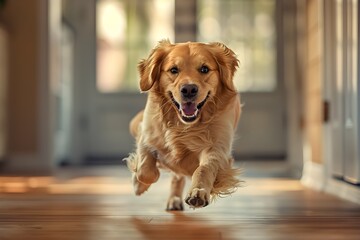 A retriever running down the hallway of a quiet house with a bright smile