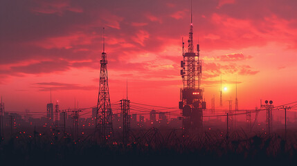 Telecommunications signal transmitter, radio tower from lines. Illustration vector design.