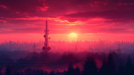 Telecommunications signal transmitter, radio tower from lines. Illustration vector design.