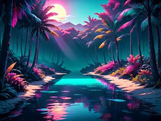 A Dense Tropical Forest With Synthwave Aesthetic Scenes From A Panoramic Point Of View. 