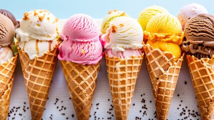 A close up of ice cream cones in various flavors provides a colorful and tempting backdrop, Ai Generated