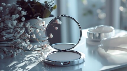 A compact mirror reflecting the flawless complexion of its user, enhancing natural beauty.