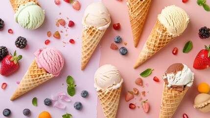 Vegan ice cream set against a pastel colored background creates a vibrant and inviting scene, Ai Generated