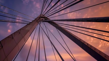 Fototapeta premium Iconic bridge architecture, close-up on cable joints and steel beams, sunset lighting, vibrant sky 