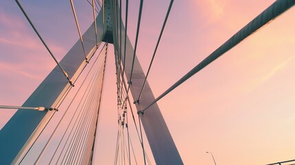 Fototapeta premium Iconic bridge architecture, close-up on cable joints and steel beams, sunset lighting, vibrant sky 