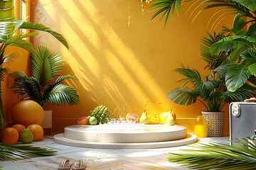 Obraz premium .Empty stylish podium 3D mockup background for beauty product presentation concept. Summer copy space platform surrounded by palm leaves . Cosmetics, perfume or home goods sales advertising stand.