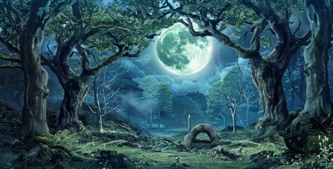 Obraz premium Enchanting magic forest in a fantasy landscape at night, Ai Generated