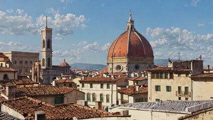 Fototapeta premium rooftop view of duomo dome center of Florence on a bright clear sunny day