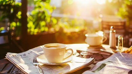 Outdoor cafÃ© table setting, close-up on coffee cup and newspaper, morning light, casual atmosphere 