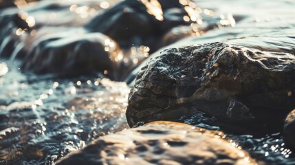 Mountain stream, close-up on flowing water over rocks, soft daylight, natural serene setting 