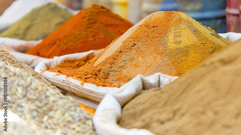 Poster Local market spices, close-up on colorful powders and textures, bright daylight, sensory appeal 