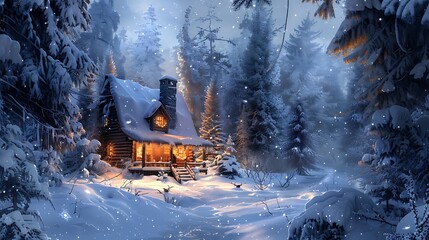A cozy cabin nestled amidst a snowy forest, a warm glow emanating from its windows.