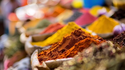 Local market spices, close-up on colorful powders and textures, bright daylight, sensory appeal 