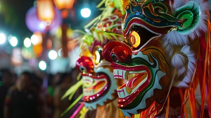 Fototapeta na wymiar Cultural parade, close-up on traditional masks, dynamic street lighting, festive atmosphere 