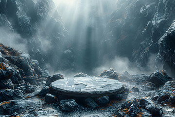 Empty stylish dark menly stone podium 3D mockup background for beauty product presentation concept. Copy space platform surrounded by rocks mountains fog . Cosmetics, perfume sales advertising stand