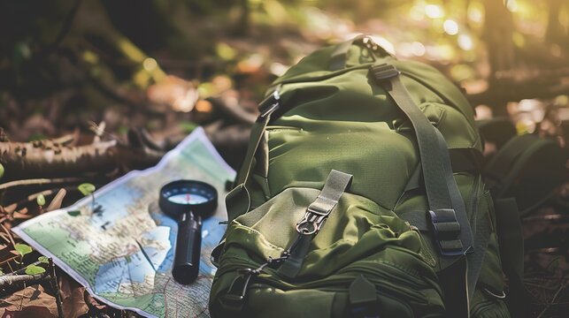 Backpack contents, close-up on map and compass, soft forest light, preparation theme 