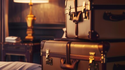 Fototapeta premium Designer luggage collection, high-end hotel room, warm ambient lighting, close-up
