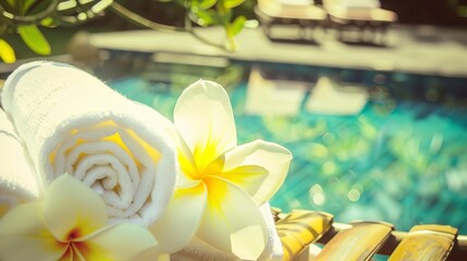 Spa retreat in tropical setting, serene, soft-focus flowers, luxury towels, close-up