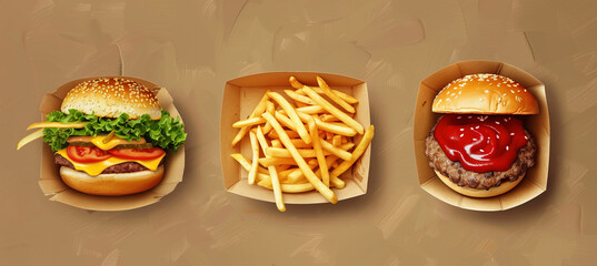 A mouthwatering fast food meal comprising a tempting burger, crispy french fries, and a savory sauce, all served on a cardboard plate, a perfect treat.