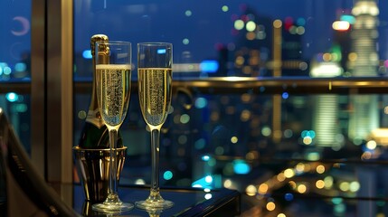 Champagne service at a penthouse suite, cityscape at night, close-up, sparkling glasses 