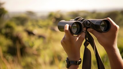 Nature reserve safari, close-up of childrenâ€™s binoculars, wildlife in distance