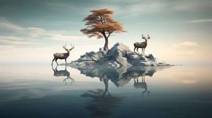 Combine the art of minimalist design with dynamic wildlife photography Create a scene with a wide-angle view that conveys powerful survival narratives through subtle yet impactful