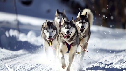 Husky sled ride, close-up of huskies' breath in cold air, snowy trail 