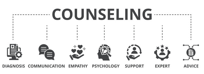 Counseling concept icon illustration contain diagnosis, communication, empathy, psychology, support, expert and advice.