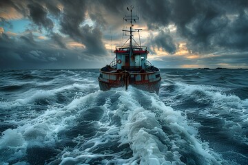 태풍이 올 것 같은 흐리고 어두운 날 거친 파도와 함께 바다를 항해하는 어선