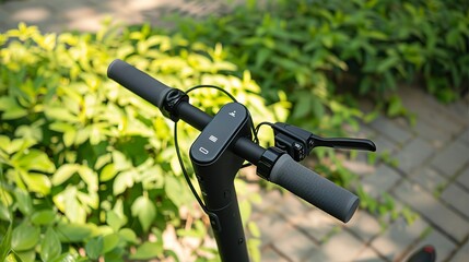 Electric scooter in park, close-up of handle and display, green foliage