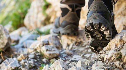 High-tech hiking boots on rocky trail, close-up of rugged soles and laces