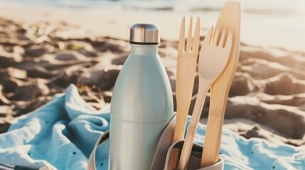 Reusable water bottle and bamboo utensils, close-up, essentials for eco-friendly travel 
