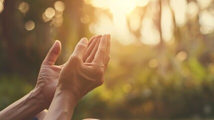 Yoga retreat sunrise, close-up of hands in Namaste, serene natural backdrop